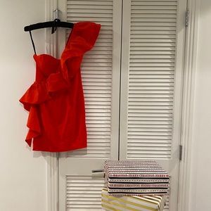 BEBE ONE SHOULDER RUFFLE DRESS